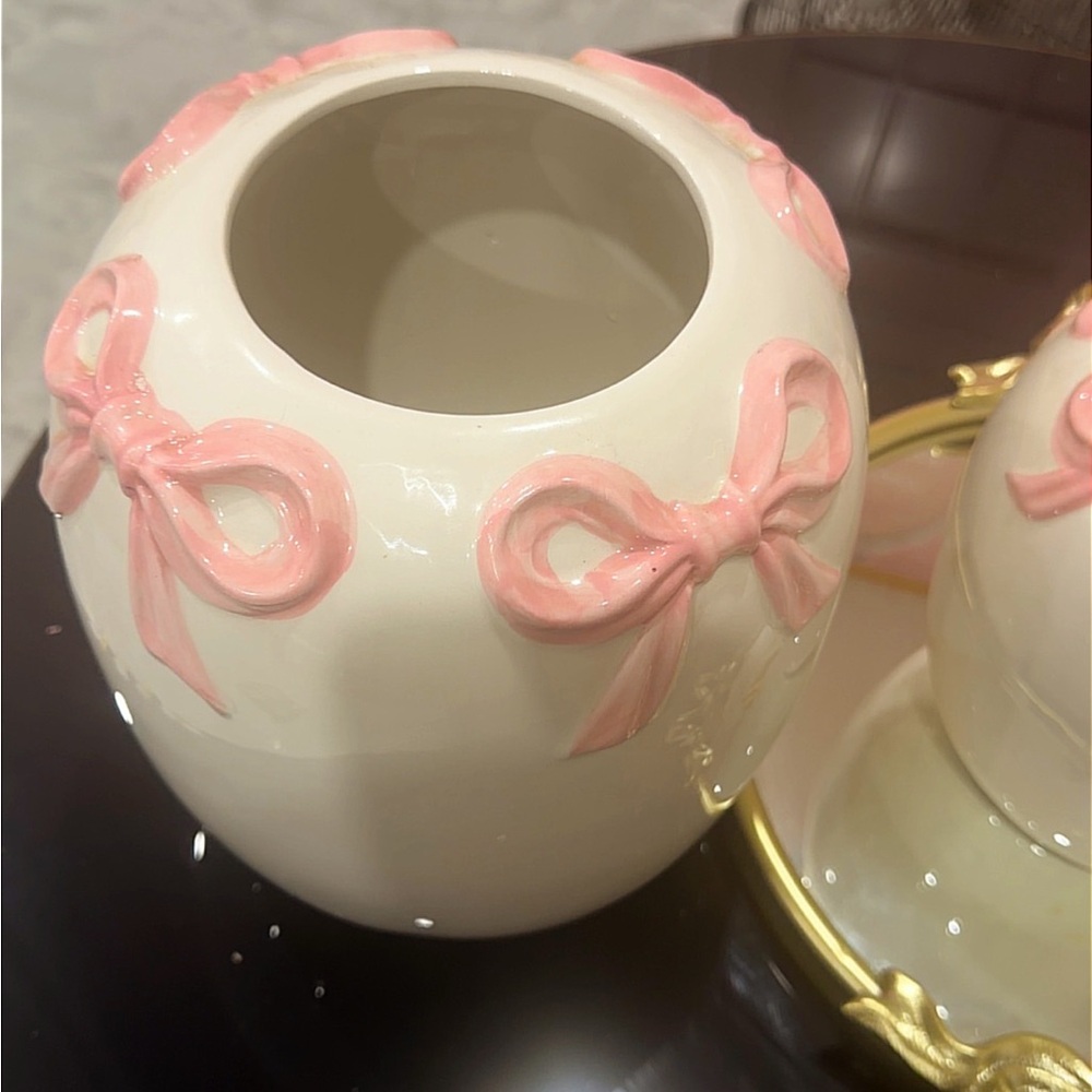 Large Ceramic White Vase with Pink Bow Accents